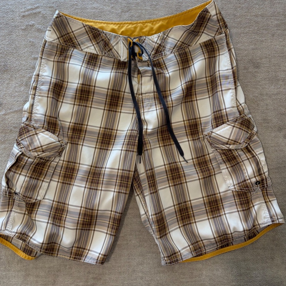 Billabong Mens Plaid Cargo Board Shorts Brown Tan White Yellow Size 33